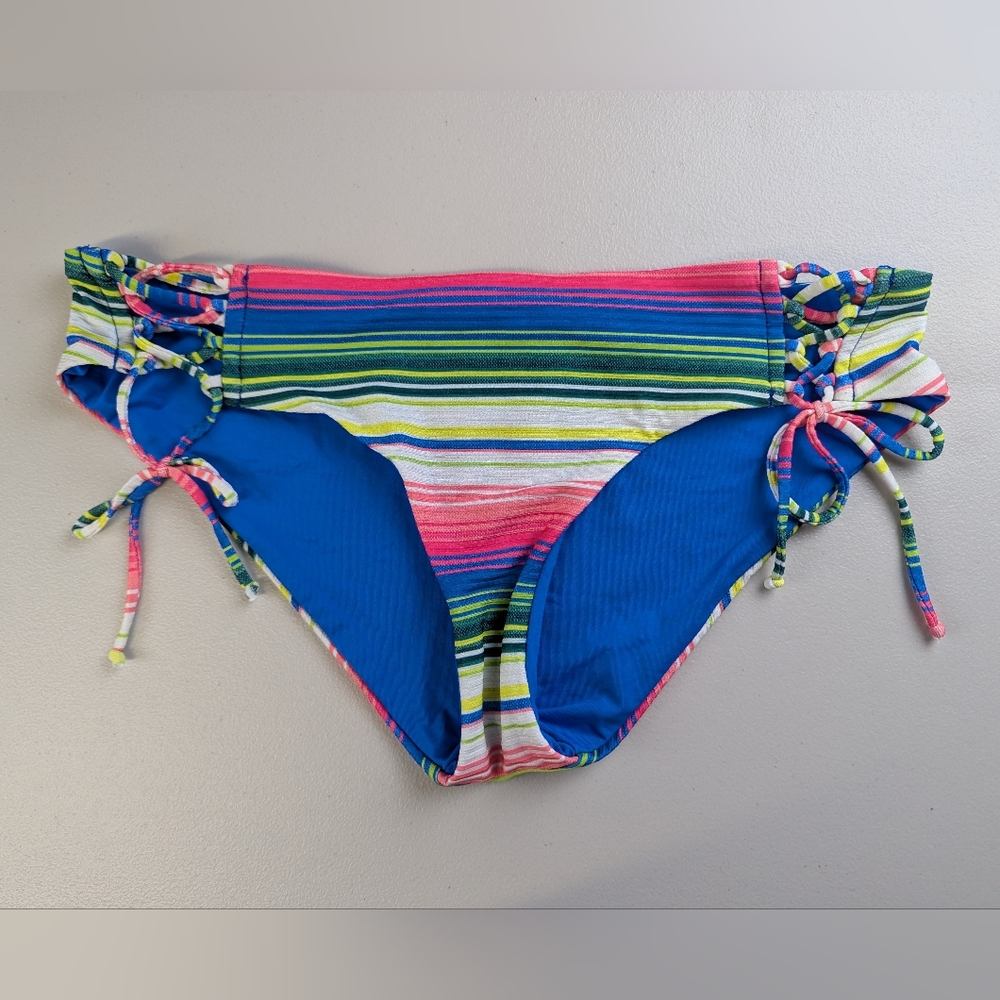 Becca Colorful Strappy Bikini Set Large Striped Rainbow Tropical Pink Blue Beach - Picture 2 of 7